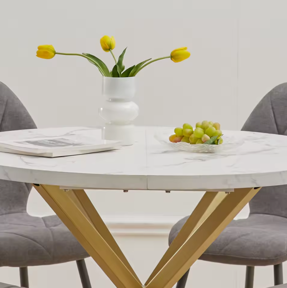 Nordic Ronde Tafel – Massief Houten Salontafel met Marmeren-look en Stalen Frame