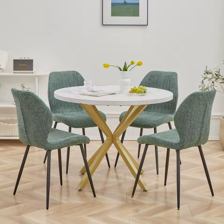 Nordic Ronde Tafel – Massief Houten Salontafel met Marmeren-look en Stalen Frame