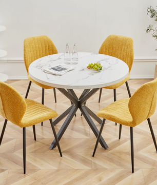 Nordic Ronde Tafel – Massief Houten Salontafel met Marmeren-look en Stalen Frame