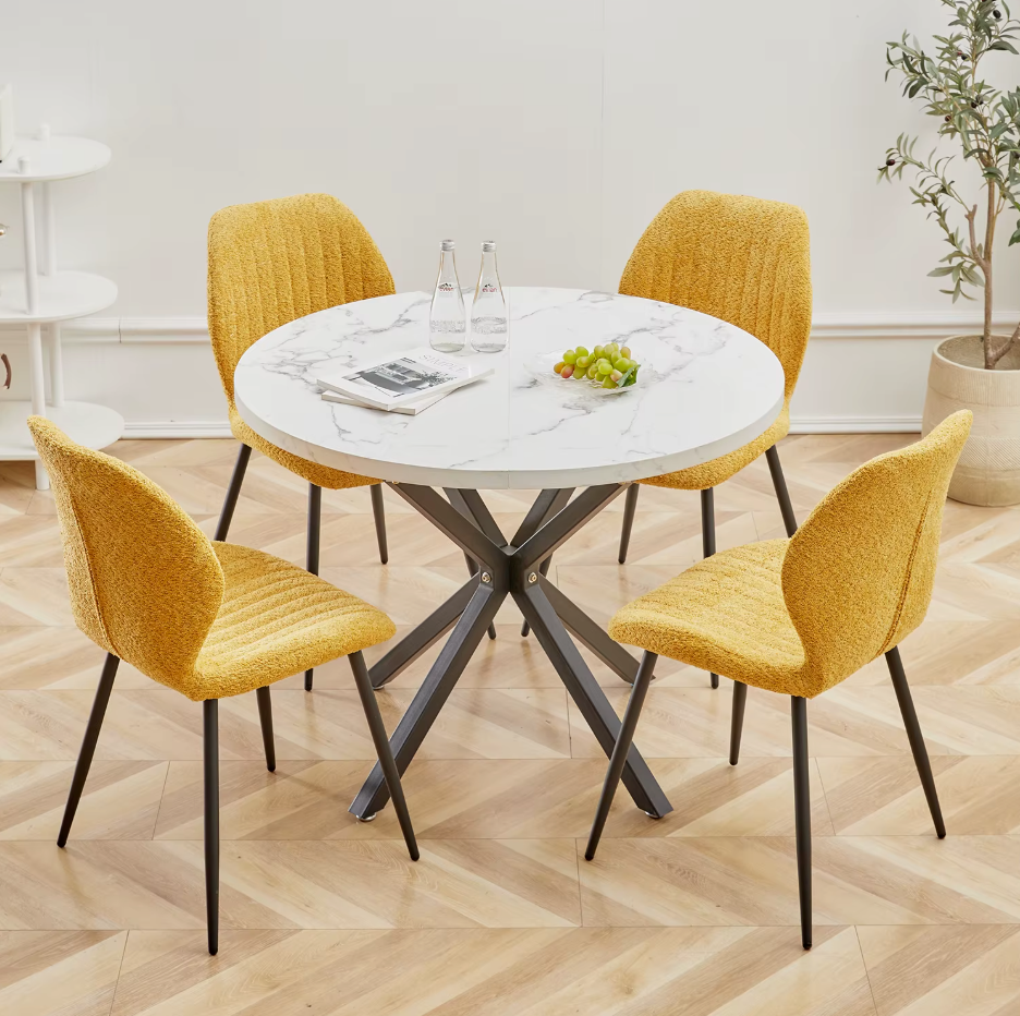 Nordic Ronde Tafel – Massief Houten Salontafel met Marmeren-look en Stalen Frame
