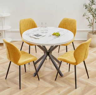 Nordic Ronde Tafel – Massief Houten Salontafel met Marmeren-look en Stalen Frame