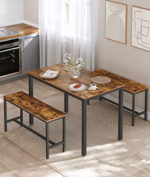 Industriële Eettafel Set voor 4 Personen – 3-Delige Set met 2 Banken