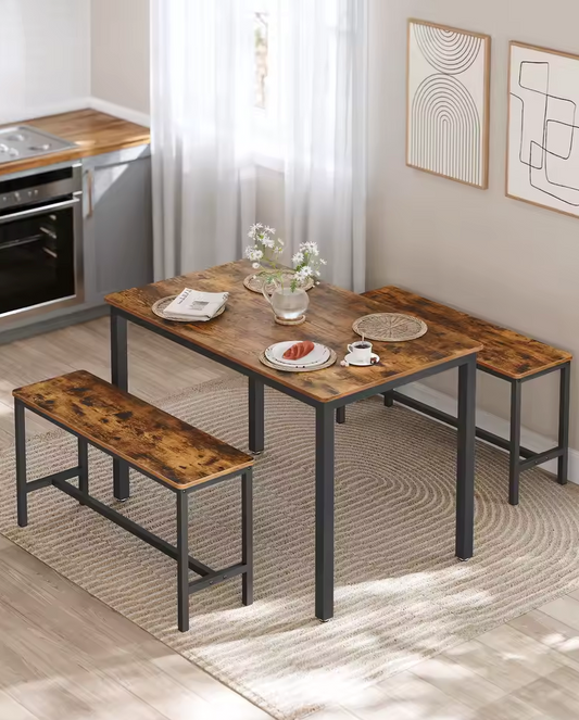 Industriële Eettafel Set voor 4 Personen – 3-Delige Set met 2 Banken