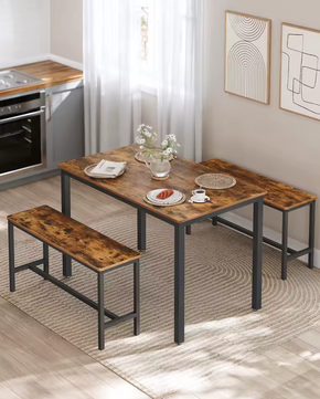 Industriële Eettafel Set voor 4 Personen – 3-Delige Set met 2 Banken
