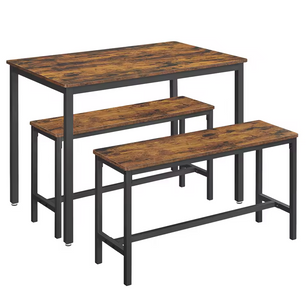 Industriële Eettafel Set voor 4 Personen – 3-Delige Set met 2 Banken