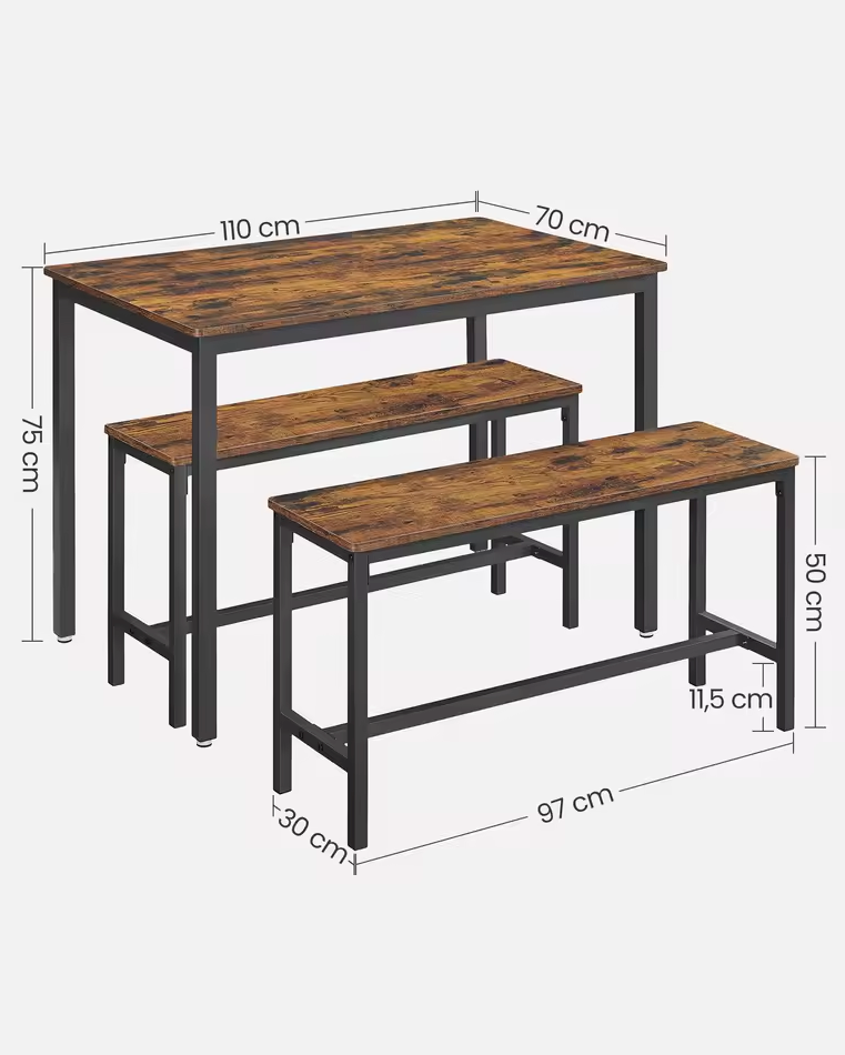 Industriële Eettafel Set voor 4 Personen – 3-Delige Set met 2 Banken