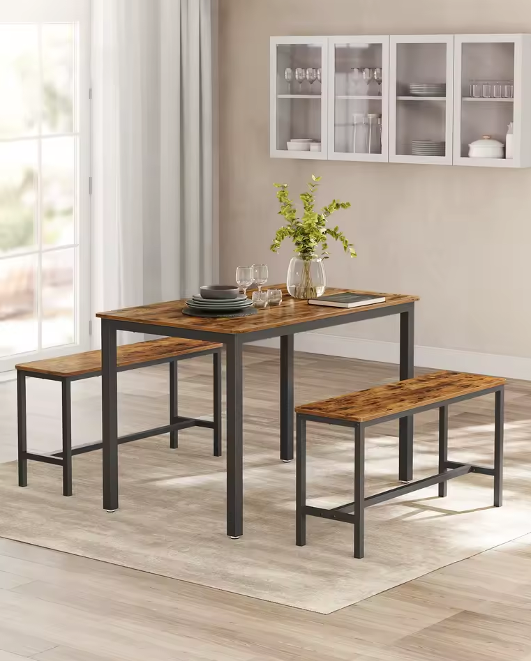 Industriële Eettafel Set voor 4 Personen – 3-Delige Set met 2 Banken