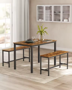 Industriële Eettafel Set voor 4 Personen – 3-Delige Set met 2 Banken
