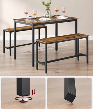 Industriële Eettafel Set voor 4 Personen – 3-Delige Set met 2 Banken