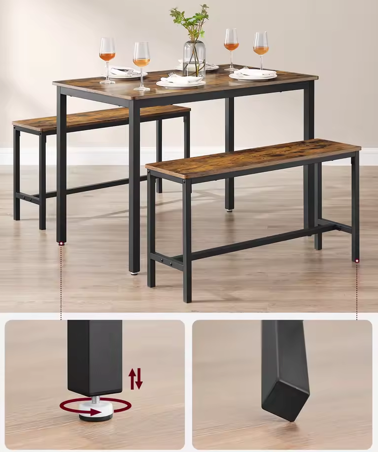Industriële Eettafel Set voor 4 Personen – 3-Delige Set met 2 Banken