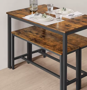 Industriële Eettafel Set voor 4 Personen – 3-Delige Set met 2 Banken