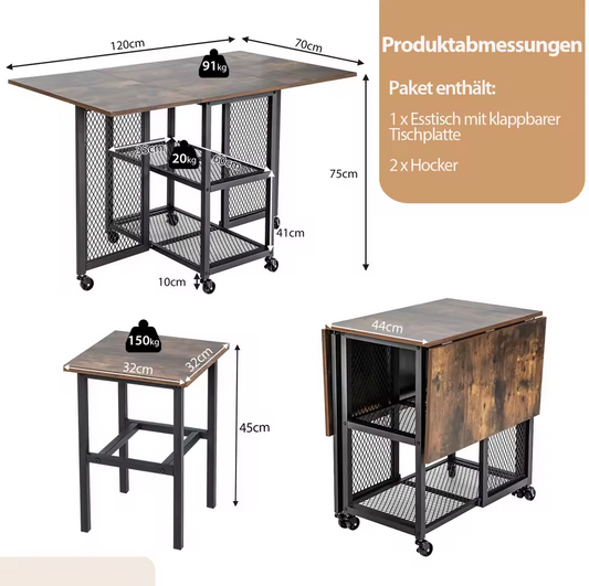 3-delige Eettafelset Industrieel – Inklapbare Bartafel op Wielen met 2 Krukken en Opbergruimte