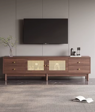 Luxe Tv-Meubel 180cm – Donkere Houtlook met Rotan Deuren
