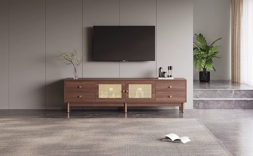 Luxe Tv-Meubel 180cm – Donkere Houtlook met Rotan Deuren