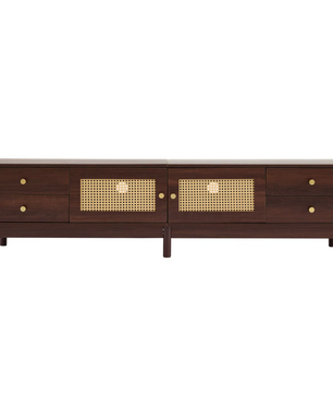 Luxe Tv-Meubel 180cm – Donkere Houtlook met Rotan Deuren
