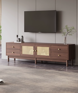 Luxe Tv-Meubel 180cm – Donkere Houtlook met Rotan Deuren