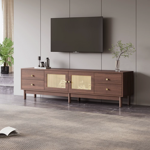 Luxe Tv-Meubel 180cm – Donkere Houtlook met Rotan Deuren