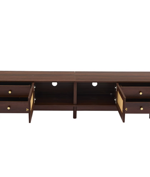 Luxe Tv-Meubel 180cm – Donkere Houtlook met Rotan Deuren