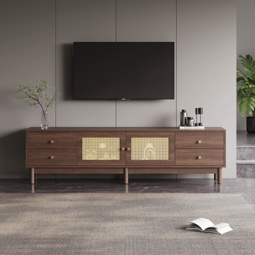 Luxe Tv-Meubel 180cm – Donkere Houtlook met Rotan Deuren