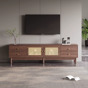 Luxe Tv-Meubel 180cm – Donkere Houtlook met Rotan Deuren