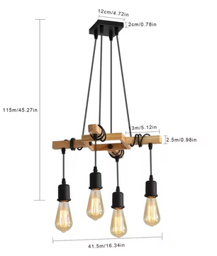 Industriële Hanglamp – Vintage Plafondlamp van Hout en Zwart Metaal, E27 Fitting