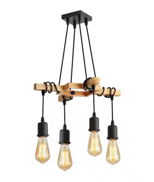 Industriële Hanglamp – Vintage Plafondlamp van Hout en Zwart Metaal, E27 Fitting