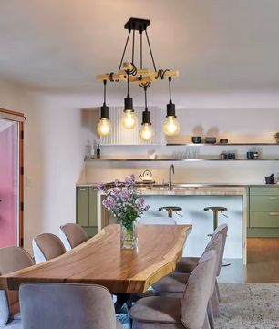 Industriële Hanglamp – Vintage Plafondlamp van Hout en Zwart Metaal, E27 Fitting