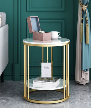 Bijzettafel met 2-Lagen –  Marmeren Look met Gouden Frame
