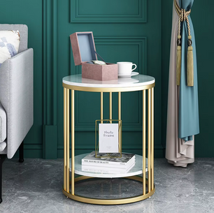 Bijzettafel met 2-Lagen –  Marmeren Look met Gouden Frame