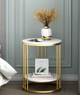 Bijzettafel met 2-Lagen –  Marmeren Look met Gouden Frame