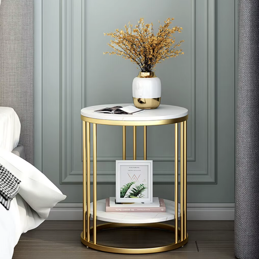 Bijzettafel met 2-Lagen –  Marmeren Look met Gouden Frame