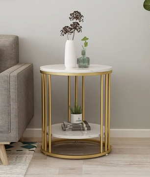 Bijzettafel met 2-Lagen –  Marmeren Look met Gouden Frame