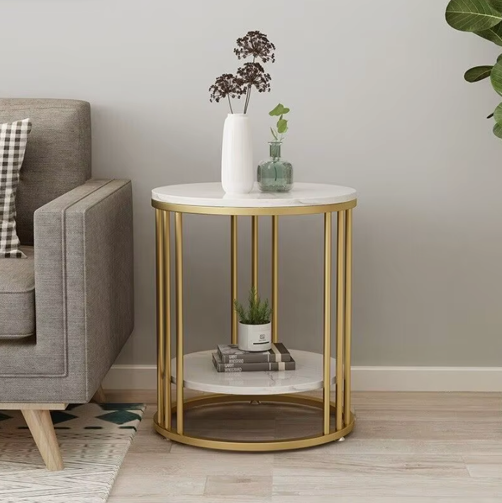 Bijzettafel met 2-Lagen –  Marmeren Look met Gouden Frame