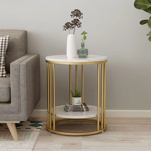 Bijzettafel met 2-Lagen –  Marmeren Look met Gouden Frame