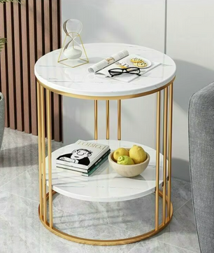 Bijzettafel met 2-Lagen –  Marmeren Look met Gouden Frame