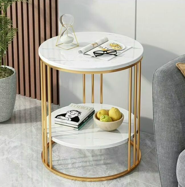 Bijzettafel met 2-Lagen –  Marmeren Look met Gouden Frame