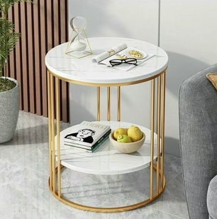 Bijzettafel met 2-Lagen –  Marmeren Look met Gouden Frame