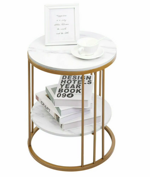 Bijzettafel met 2-Lagen –  Marmeren Look met Gouden Frame