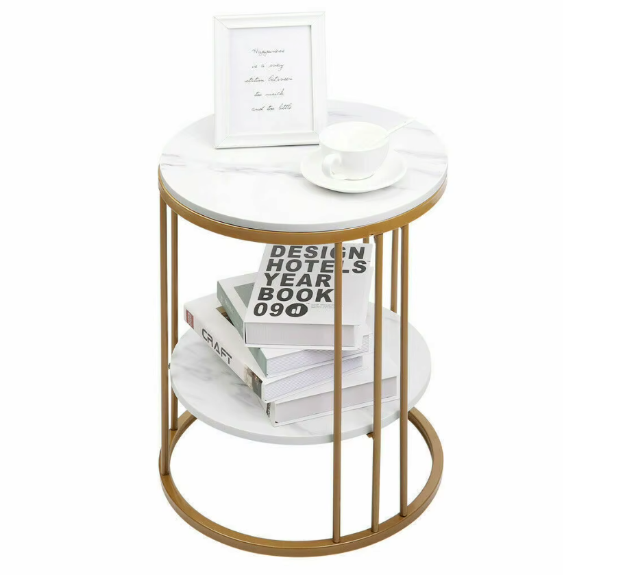 Bijzettafel met 2-Lagen –  Marmeren Look met Gouden Frame