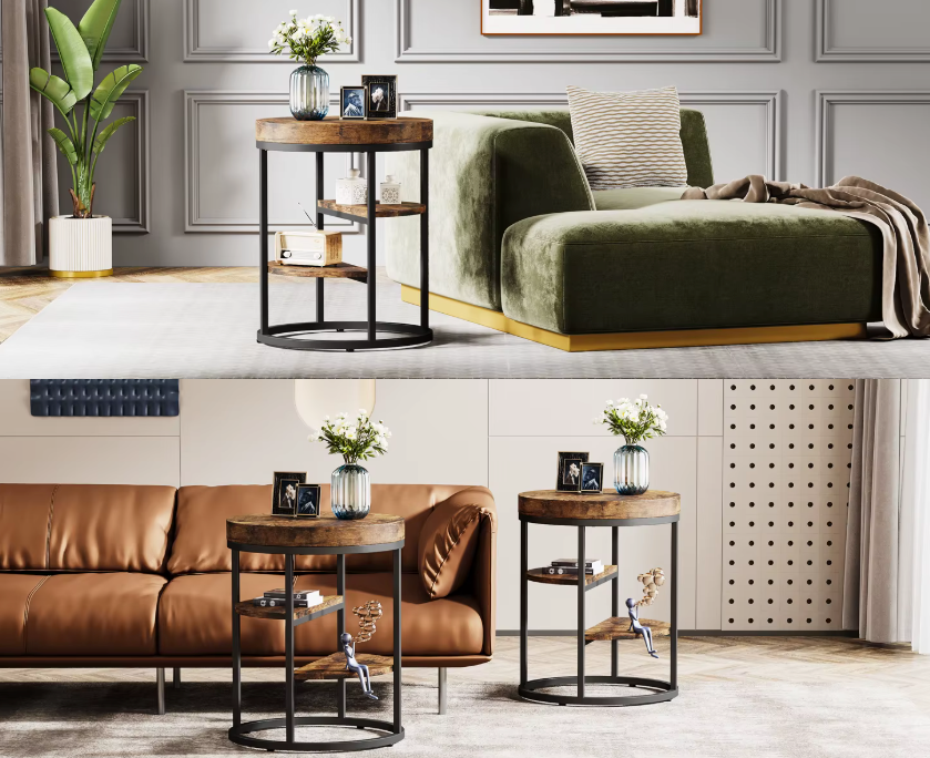 Industriële Ronde Bijzettafel met 3 Planken