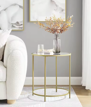 Luxe Ronde Bijzettafel met Glazen Tafelblad en Gouden Metalen Frame