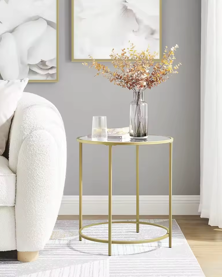 Luxe Ronde Bijzettafel met Glazen Tafelblad en Gouden Metalen Frame