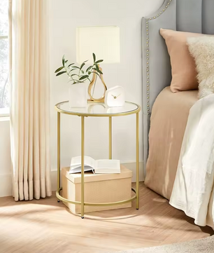 Luxe Ronde Bijzettafel met Glazen Tafelblad en Gouden Metalen Frame