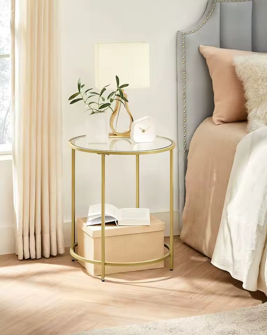 Luxe Ronde Bijzettafel met Glazen Tafelblad en Gouden Metalen Frame