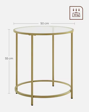 Luxe Ronde Bijzettafel met Glazen Tafelblad en Gouden Metalen Frame