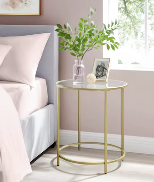 Luxe Ronde Bijzettafel met Glazen Tafelblad en Gouden Metalen Frame