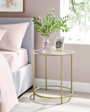 Luxe Ronde Bijzettafel met Glazen Tafelblad en Gouden Metalen Frame