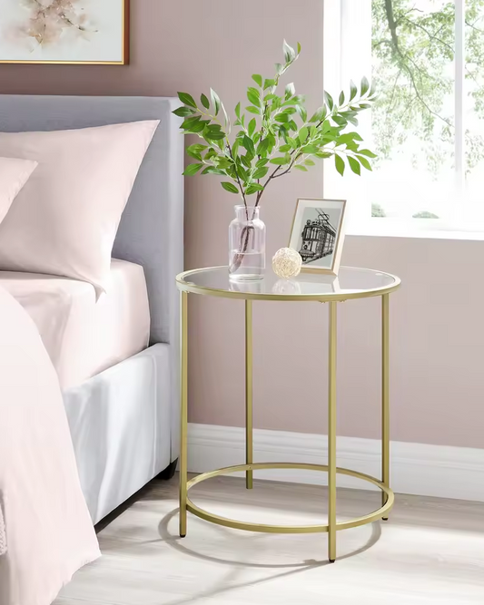 Luxe Ronde Bijzettafel met Glazen Tafelblad en Gouden Metalen Frame
