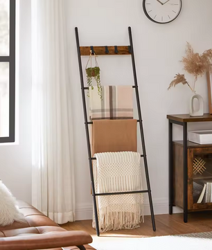 Industriële Handdoekladder met 5 Niveaus en 4 Haken - Vintage Hout