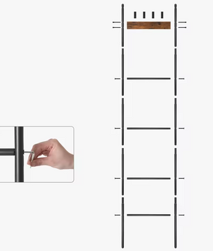 Industriële Handdoekladder met 5 Niveaus en 4 Haken - Vintage Hout